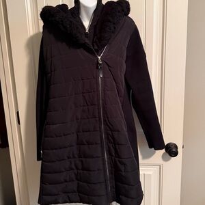 Calvin Klein Black Quilted Hooded Coat with Faux Fur Trim